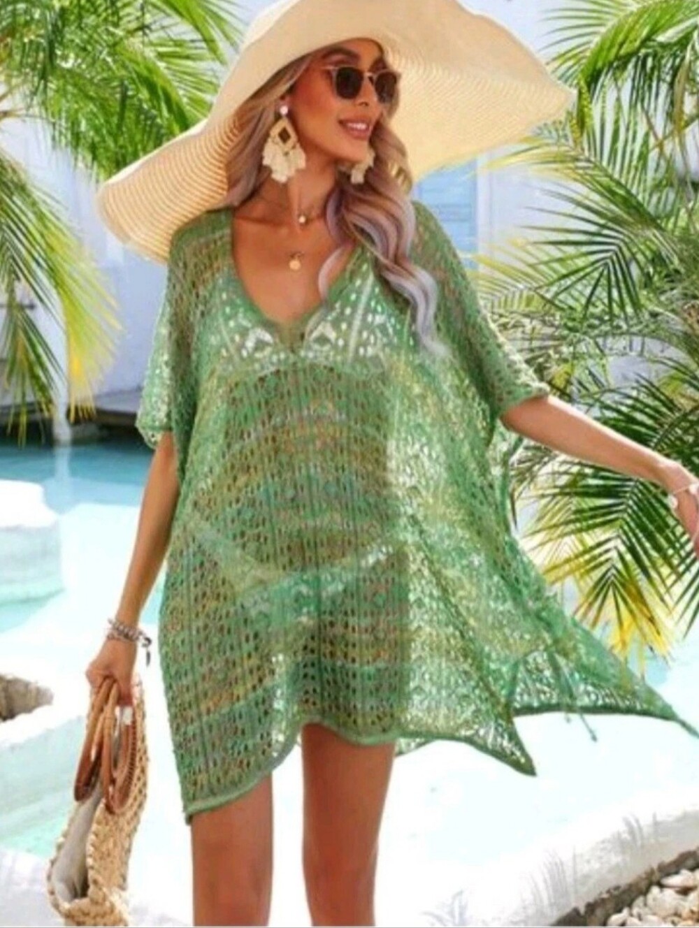 Boho Crochet Swim Beach Cover Up Dress Green One Size NWOT